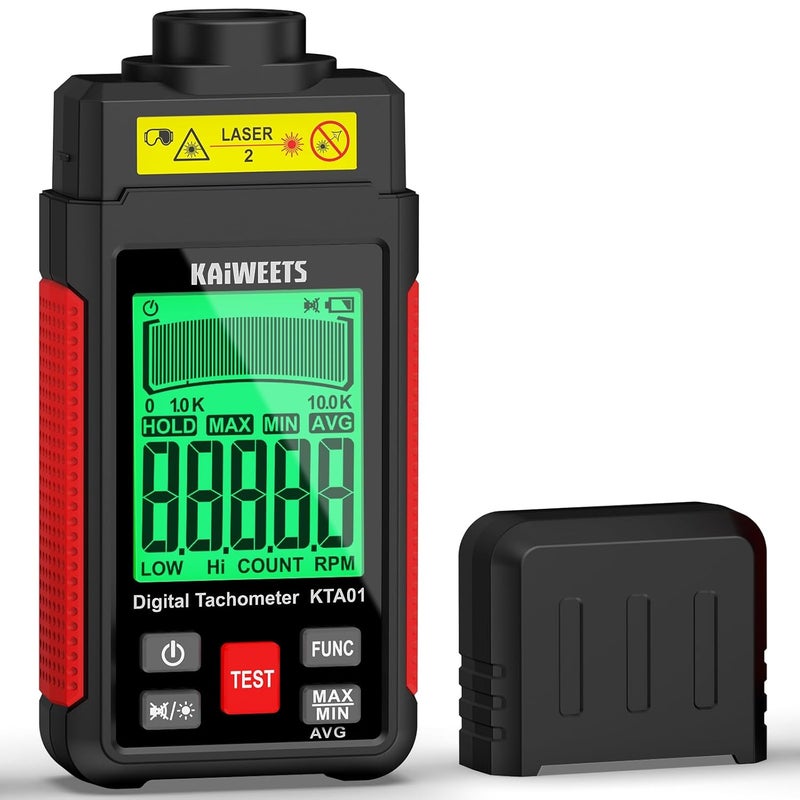 KAIWEETS Non Contact RPM Tachometer with Reflection Tape, 10-99999 RPM High Accuracy Laser Digital Tachometer with Large LCD, RPM Meter with Backlight, Data Hold, and Max/Min/AVG Function - Image 1